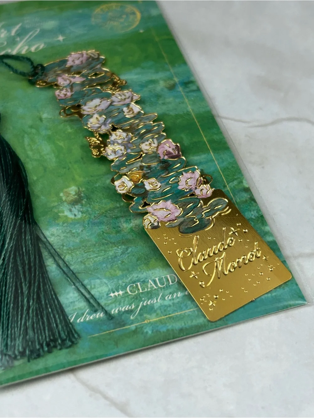 Van Gogh Gold Floral Metal Bookmark with Green Tassel